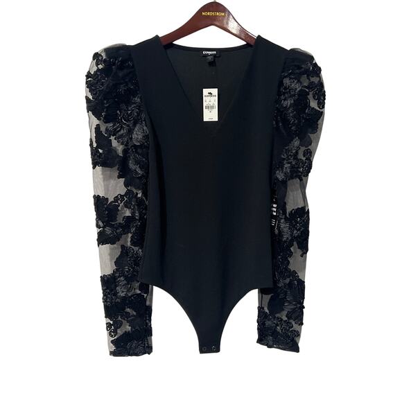 NEW Express Black Lace Sleeve Body Suit, Size XS, KB372 - Picture 2 of 6